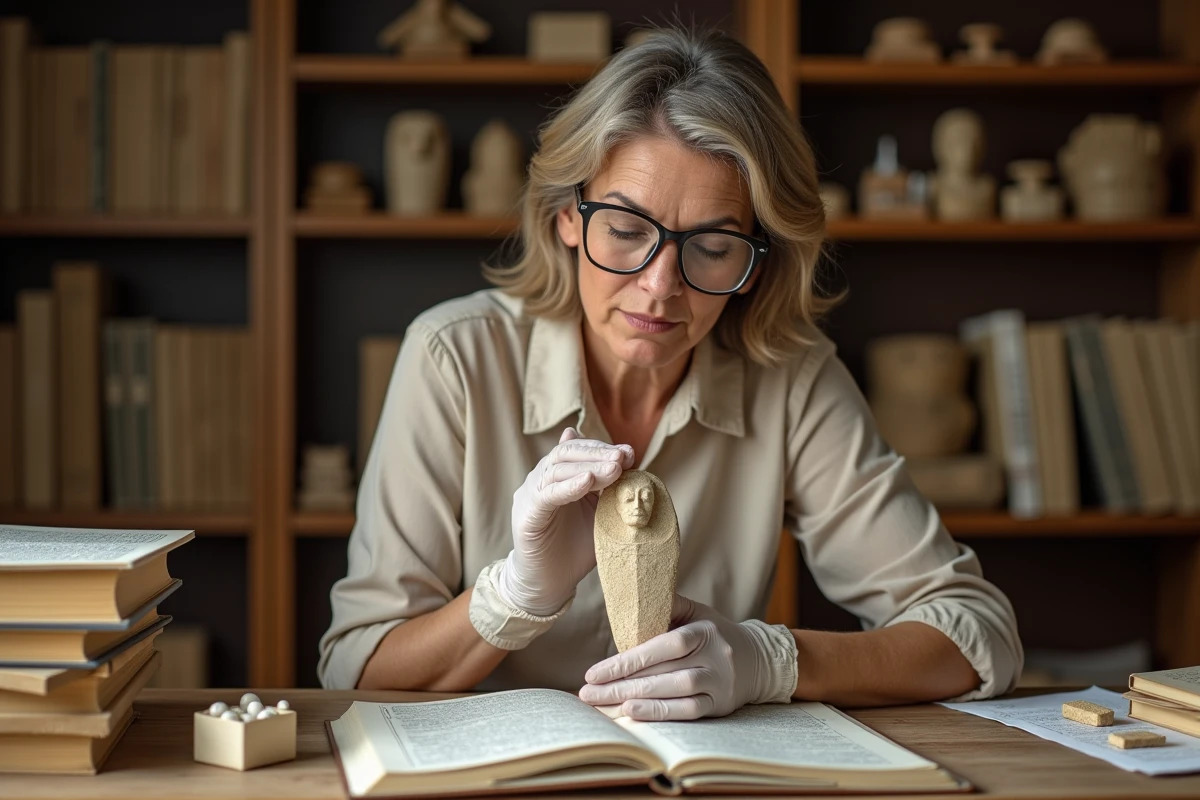 Égyptologue féminine en laboratoire universitaire examinant un scarabée en pierre avec une loupe, entourée de livres académiques et d'artefacts