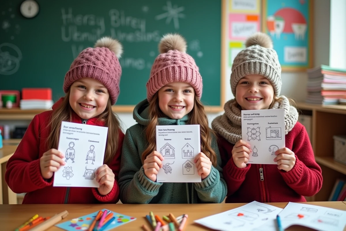 Trois enfants souriants montrant leurs cartes de Noël faites maison