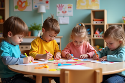 Groupe d'enfants en classe décorant des fleurs en papier