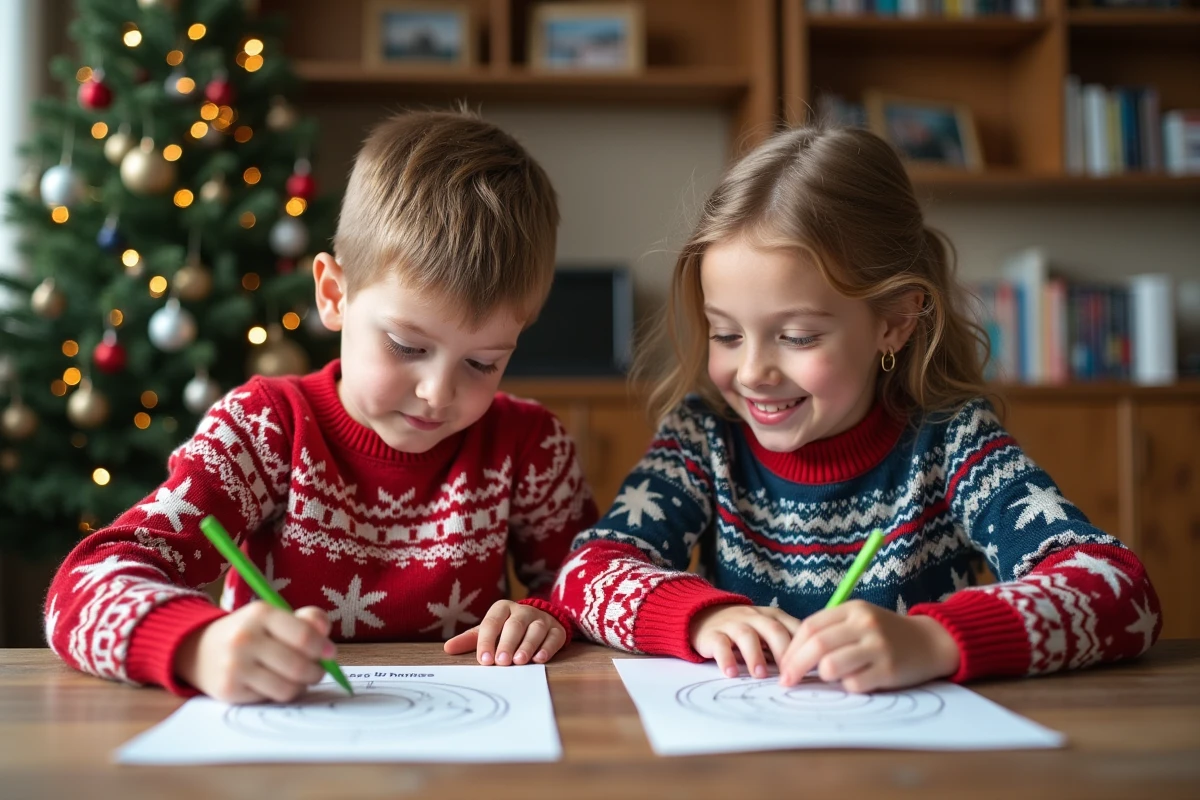 Deux enfants en pulls de fête dessinant des cartes de Noël