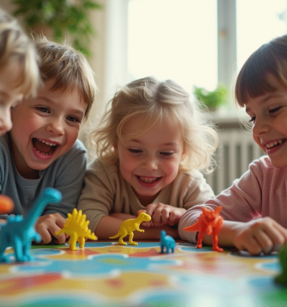Enfants jouant avec un jeu de société dinosaure lumineux