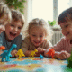 Enfants jouant avec un jeu de société dinosaure lumineux