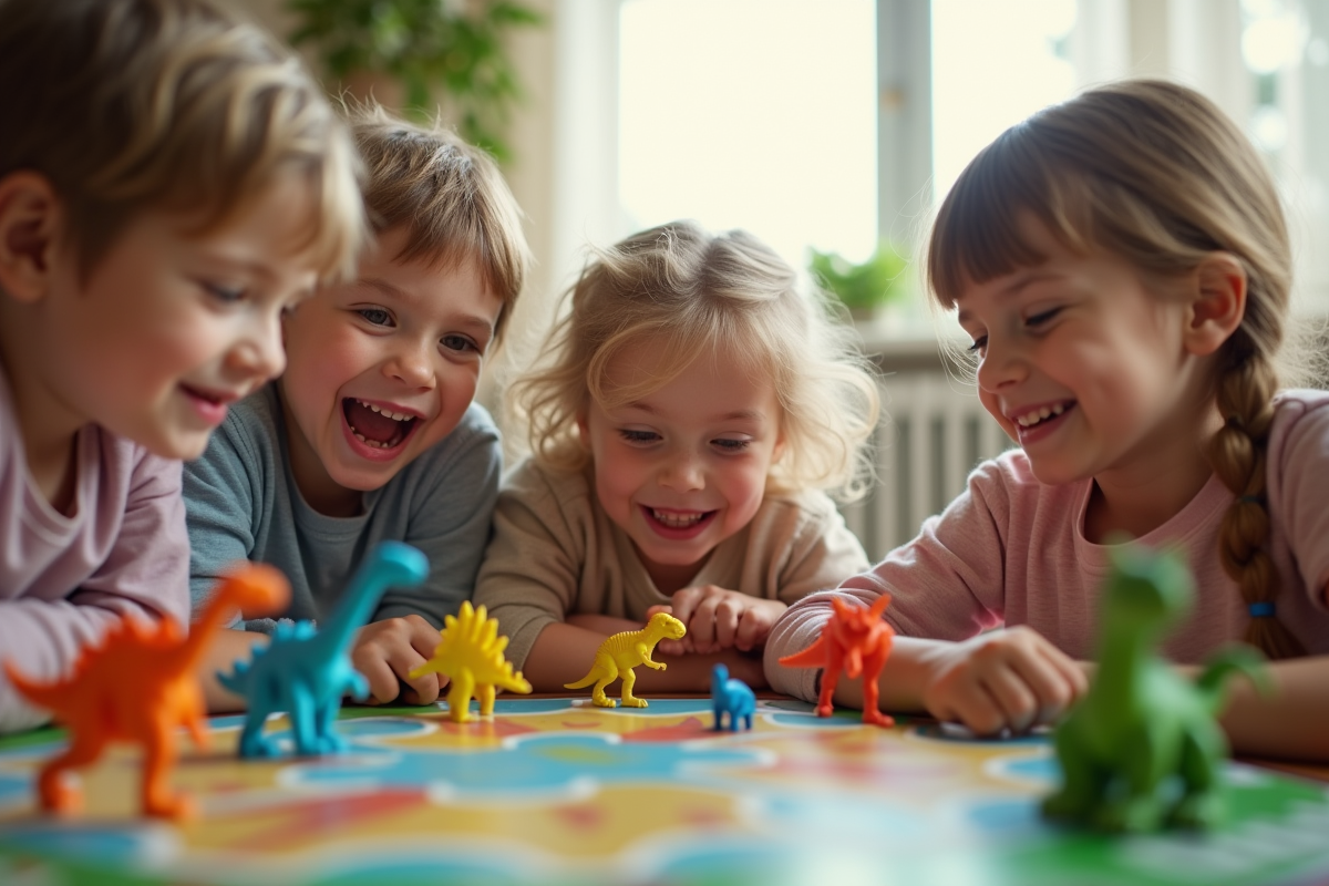 Enfants jouant avec un jeu de société dinosaure lumineux