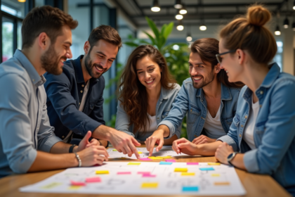 Groupe de quatre professionnels en réunion de travail