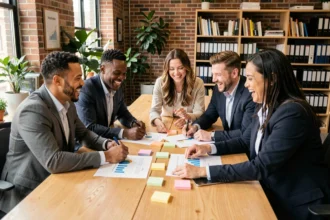 Groupe de professionnels collaborant spontanément autour d'une table en bois dans un bureau moderne, illustrant l'animation d'équipes aléatoires