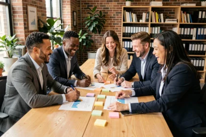 Groupe de professionnels collaborant spontanément autour d'une table en bois dans un bureau moderne, illustrant l'animation d'équipes aléatoires