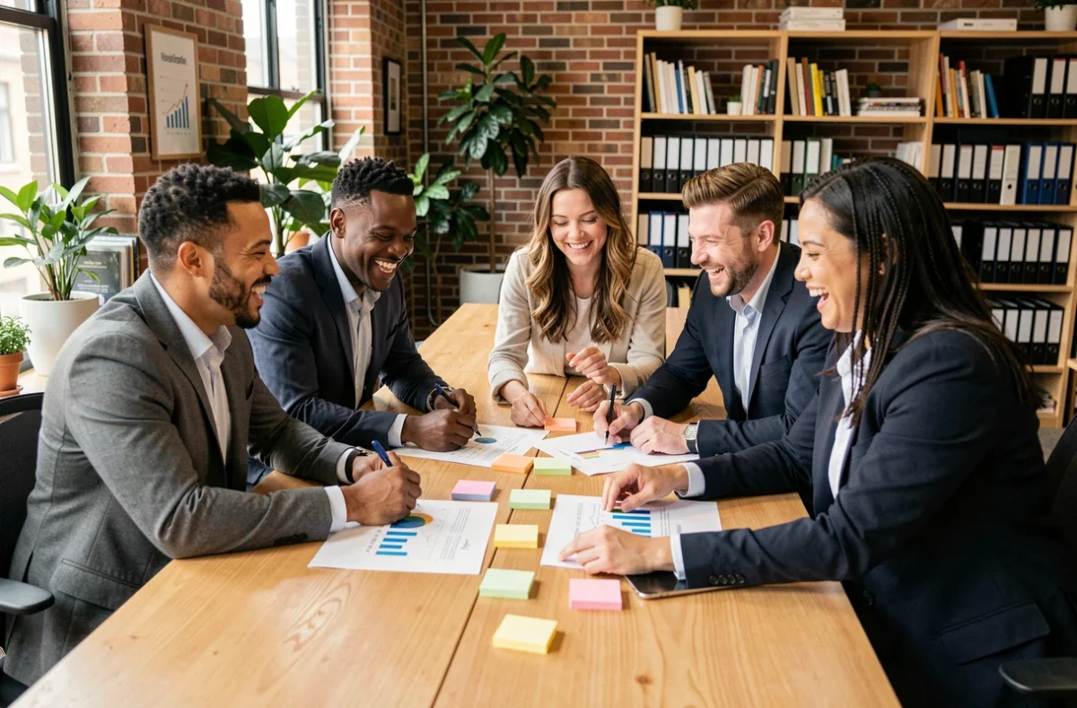 Groupe de professionnels collaborant spontanément autour d'une table en bois dans un bureau moderne, illustrant l'animation d'équipes aléatoires