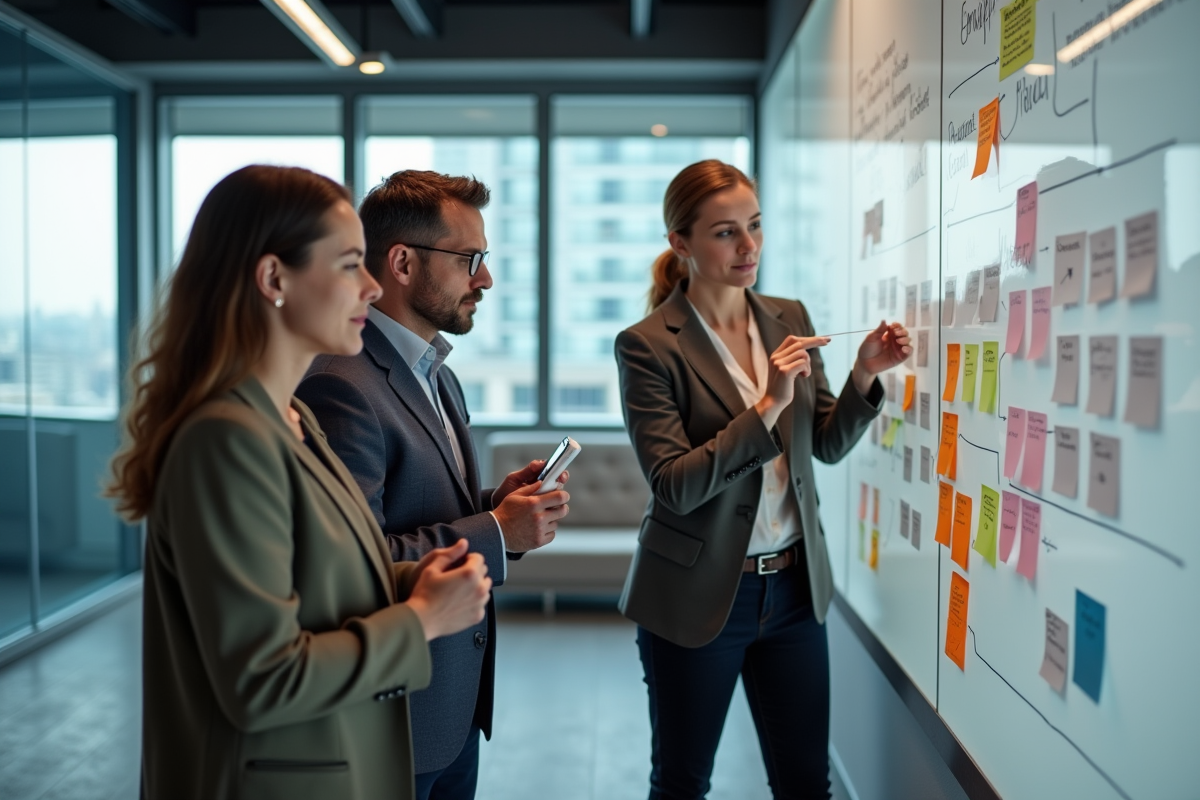 Équipe UX discutant devant un tableau blanc avec notes colorées