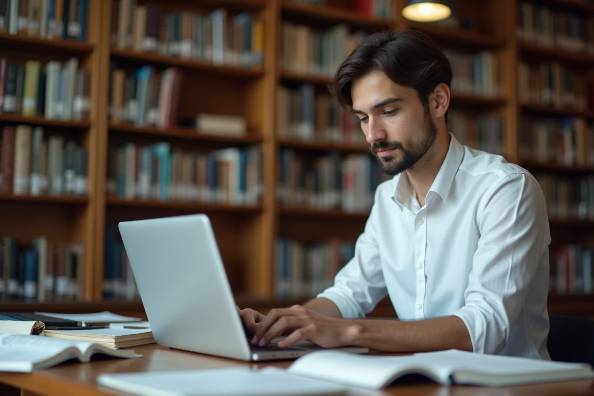 Étudiant en bibliothèque universitaire consultant une encyclopédie collaborative en ligne pour rédiger des citations correctes