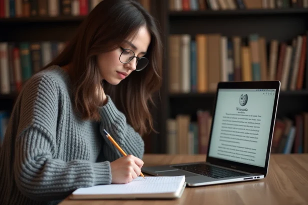 Étudiante prenant des notes manuscrites pour citer une encyclopédie en ligne dans un devoir scolaire