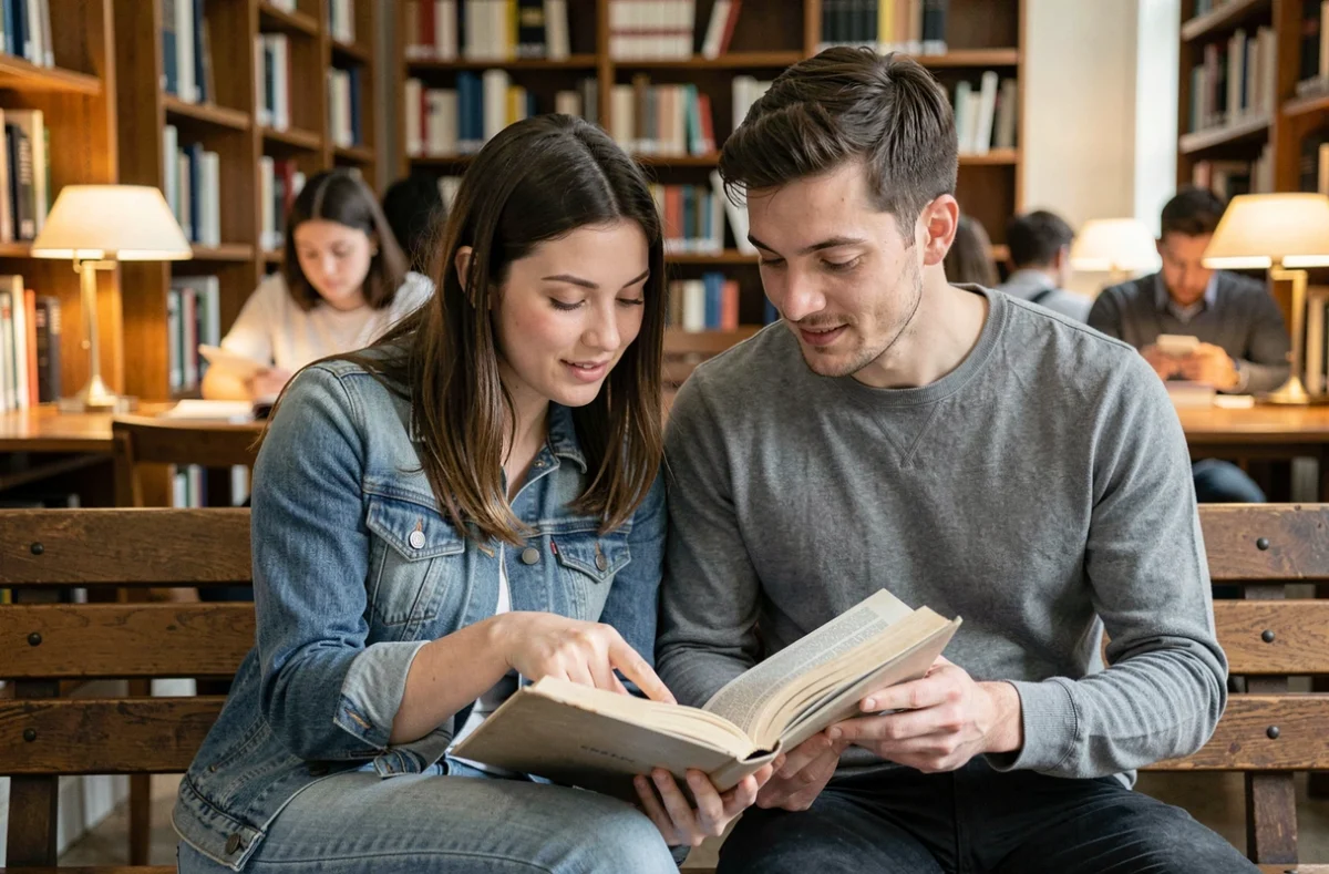 Deux jeunes adultes étudiant ensemble la conjugaison française dans une bibliothèque universitaire, pointant une phrase dans un manuel de grammaire