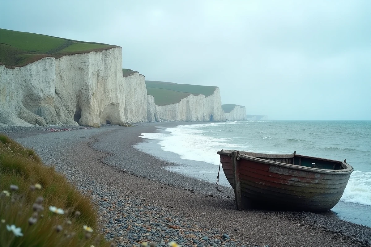 Falaises de craie blanche sur la côte normande avec mer et plage de galets en premier plan