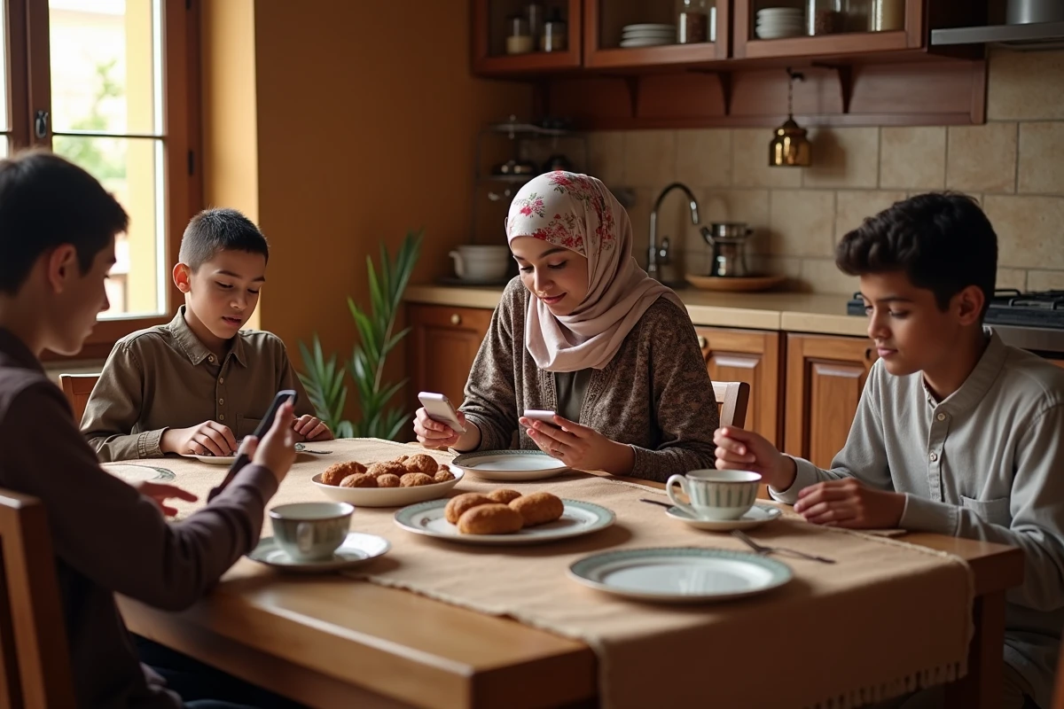 Famille musulmane réunie autour d'une table pour préparer l'iftar du Ramadan dans un appartement lyonnais