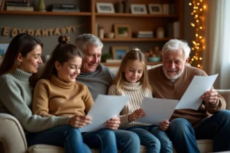 Famille réunie en hiver lisant un poème de Nouvel An