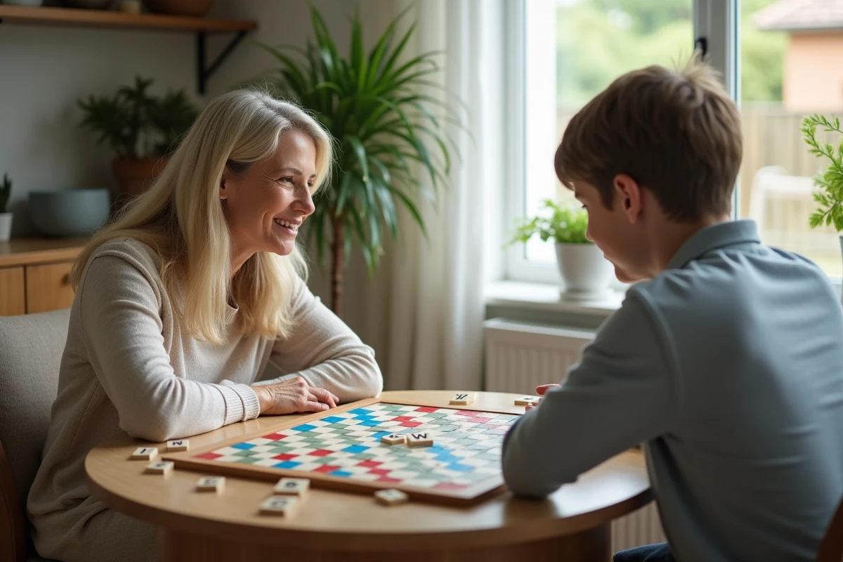 Deux joueurs de Scrabble en famille autour d'un plateau avec les lettres W et Z visibles sur le jeu