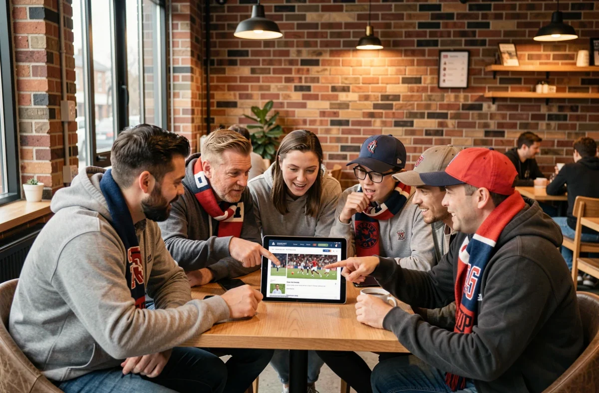 Groupe de supporters de volleyball discutant autour d'un profil sportif sur tablette dans un café, évoquant la curiosité des fans pour l'âge de Léa Gillard