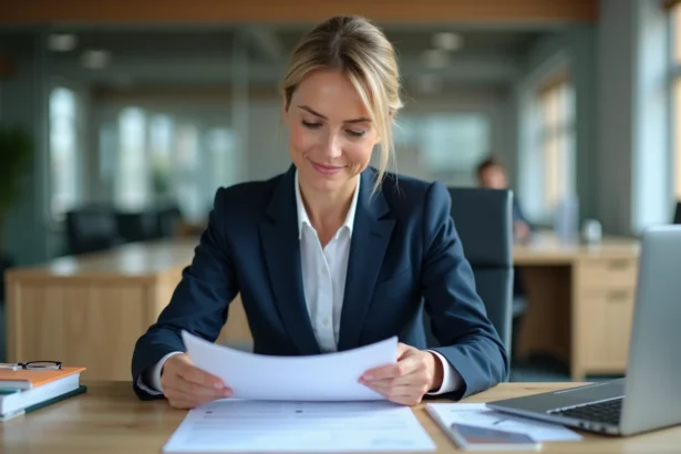 Femme d'affaires en costume navy vérifiant des documents d'export