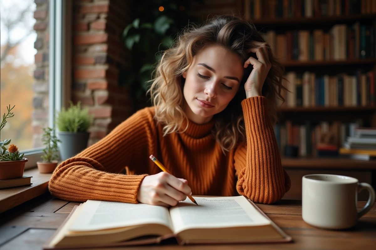 Femme annotant un livre de philosophie à son bureau, ambiance studieuse et chaleureuse