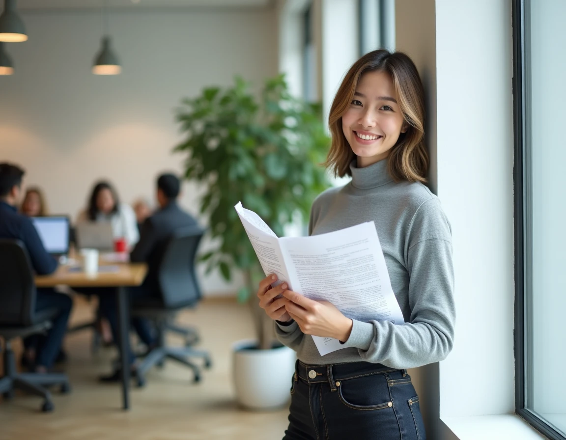 Jeune femme relisant et annotant des pages imprimées dans un espace de coworking moderne pour améliorer la rédaction