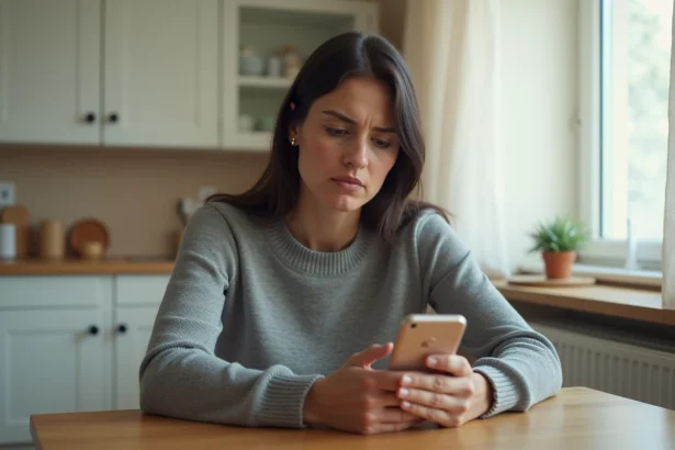 Femme vérifiant un numéro de démarchage inconnu sur son smartphone dans une cuisine