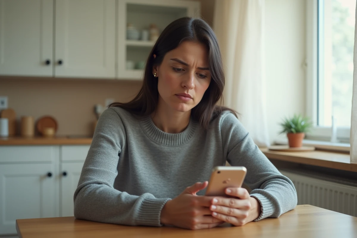 Femme vérifiant un numéro de démarchage inconnu sur son smartphone dans une cuisine