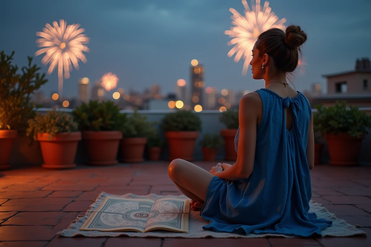 Femme consultant une carte astrologique sur un toit lors du feu d'artifice du 4 juillet