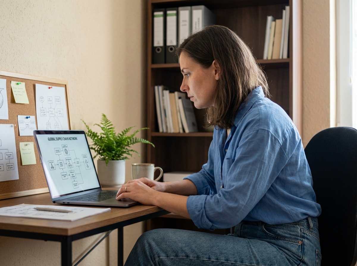 Femme en bureau analysant un diagramme de supply chain