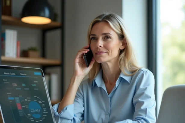 Femme professionnelle en télétravail consultant un fuseau horaire Nouvelle-Calédonie sur son ordinateur portable tout en téléphonant