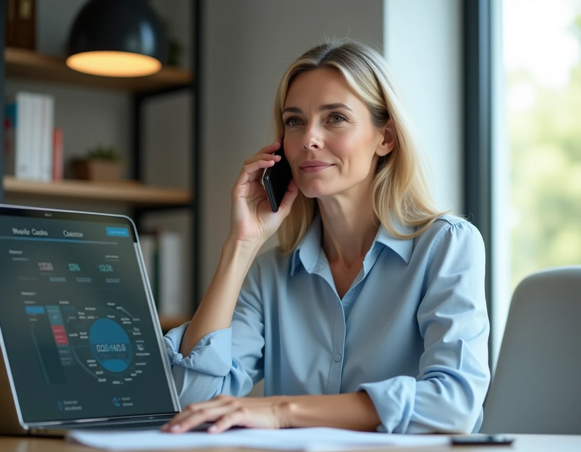 Femme professionnelle en télétravail consultant un fuseau horaire Nouvelle-Calédonie sur son ordinateur portable tout en téléphonant