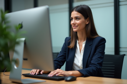 Femme d affaires au bureau connectant son ordinateur