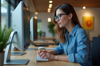 Jeune femme au bureau utilisant un ordinateur moderne