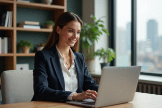 Femme professionnelle au bureau regardant son ordinateur