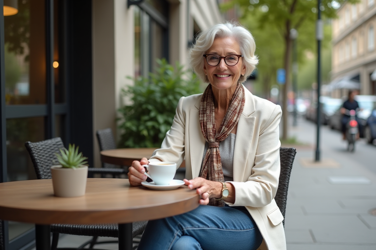 Femme de 60 ans assise au café avec tasse de café