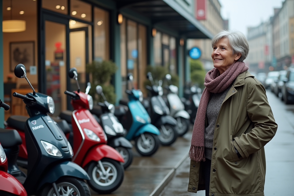 Femme examine scooters 50cc devant concessionnaire