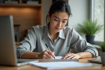 Femme utilisant une règle graduée en pouces et centimètres pour convertir des mesures sur un carnet de notes