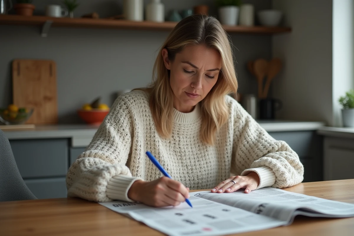 Femme d'âge moyen remplissant un puzzle dans un journal français