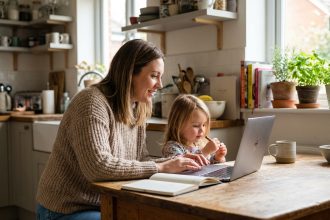 Femme souriante avec sa fille dans une cuisine chaleureuse