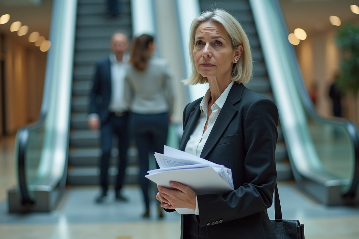 Femme d'affaires réfléchie dans un centre urbain dynamique