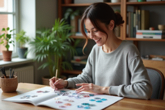 Femme en sweater gris examine des kits de diamant peinture