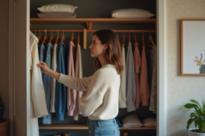 Femme en denim dans un dressing organisé