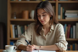 Jeune femme écrivant dans un cahier de grammaire française à son bureau, illustrant la règle orthographique y a-t-il