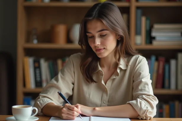 Jeune femme écrivant dans un cahier de grammaire française à son bureau, illustrant la règle orthographique y a-t-il
