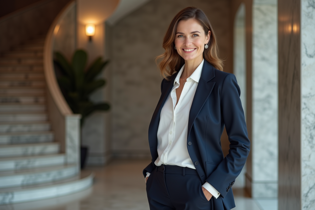 Femme élégante en blazer navy dans un lobby moderne