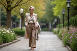 Femme élégante de 60 ans dans un parc urbain au printemps