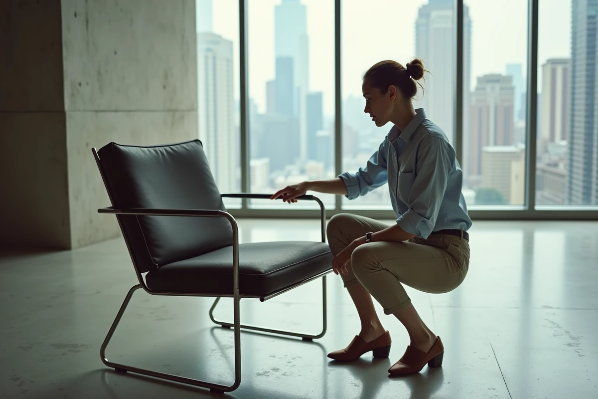 Jeune femme observant une chaise design de Breuer en intérieur