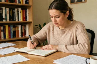 Femme concentrée écrivant des exercices de grammaire française dans un carnet sur un bureau en bois, entourée de livres de conjugaison