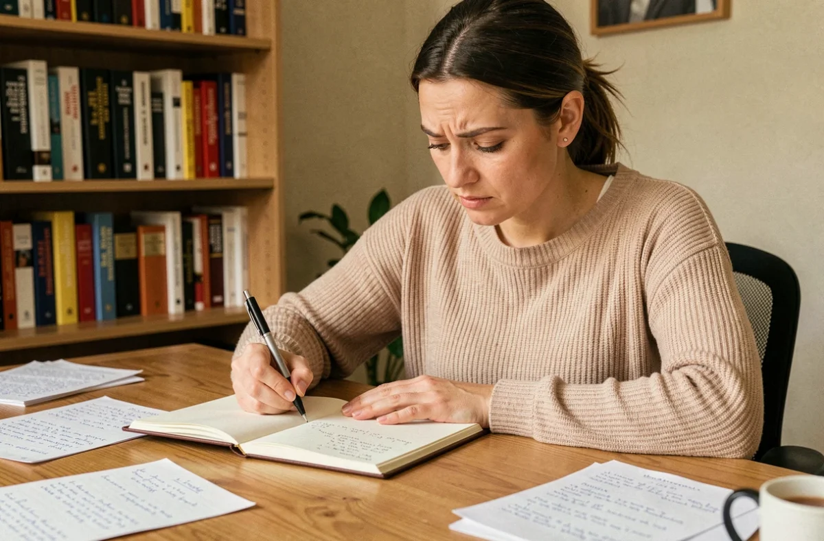 Femme concentrée écrivant des exercices de grammaire française dans un carnet sur un bureau en bois, entourée de livres de conjugaison