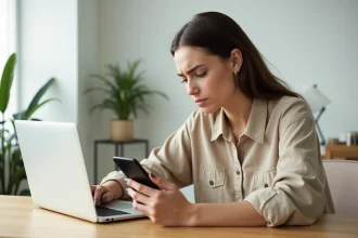 Jeune femme frustrée regardant les statistiques de ses Instagram Stories sur son smartphone dans un bureau minimaliste