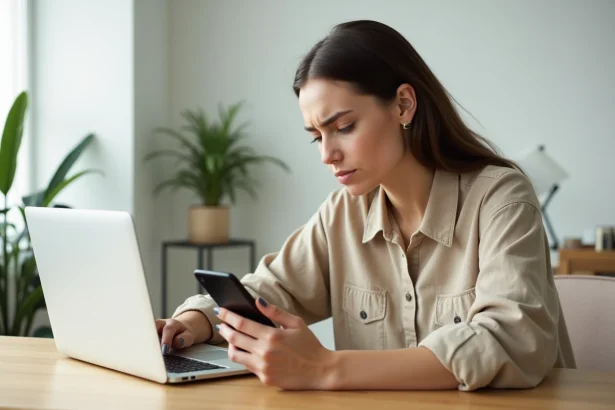 Jeune femme frustrée regardant les statistiques de ses Instagram Stories sur son smartphone dans un bureau minimaliste