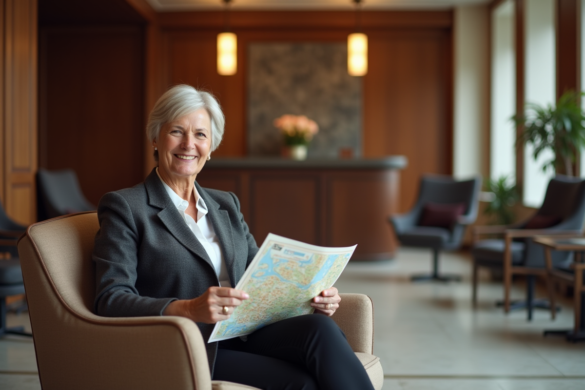 Femme détendue dans le lobby d’un hôtel à Nantes